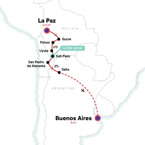 Map: La Paz to Buenos Aires: Andes & the Atacama Desert (G Adventures)