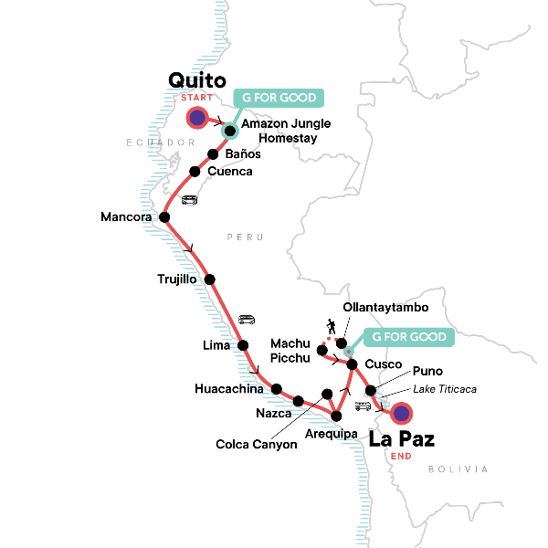 Map: Quito to La Paz: Amazon & Ancient Cultures (G Adventures)