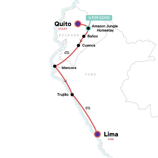 Map: Quito to Lima: Surf Towns & Hot Springs (G Adventures)