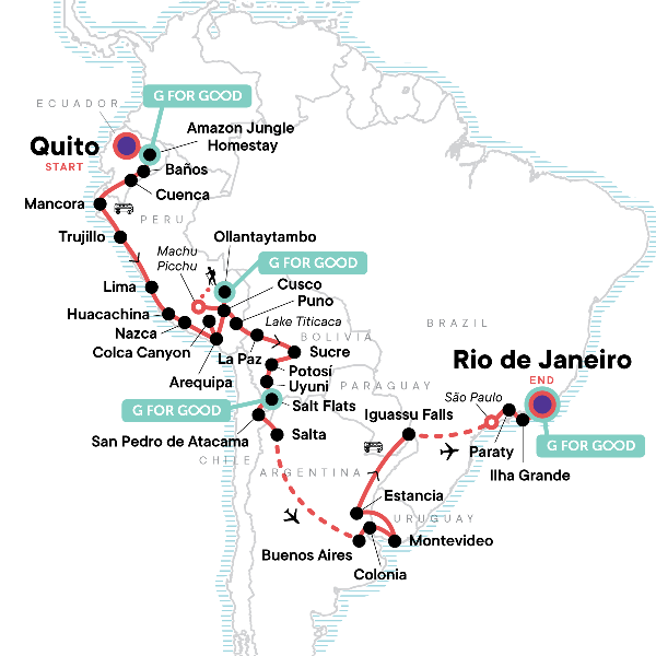 Map: The Great South American Journey: Quito to Rio Adventure (G Adventures)