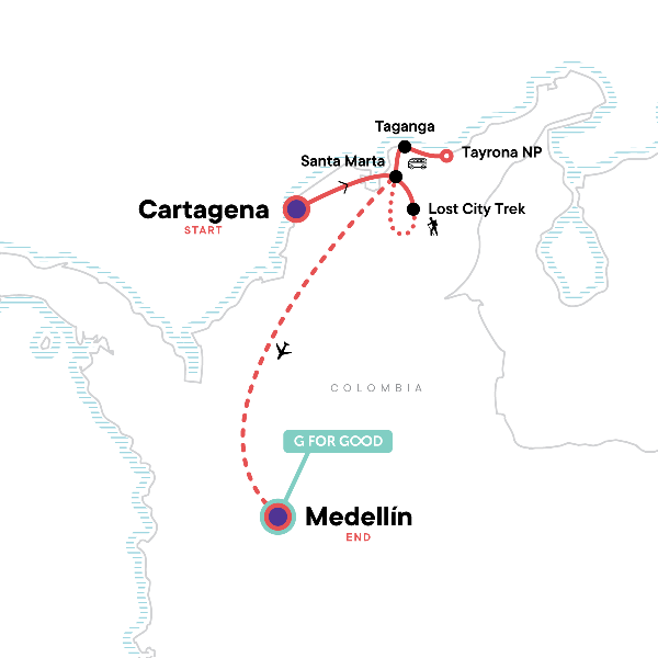 Map: Caribbean Adventure: the Lost City trek & Medellín (G Adventures)