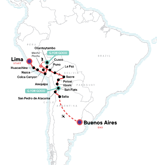 Map: Lima to Buenos Aires: Deserts & Dancing (G Adventures)