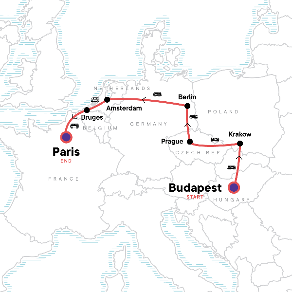 Map: Budapest to Paris: Bike Tours & Belgian Waffles (G Adventures)