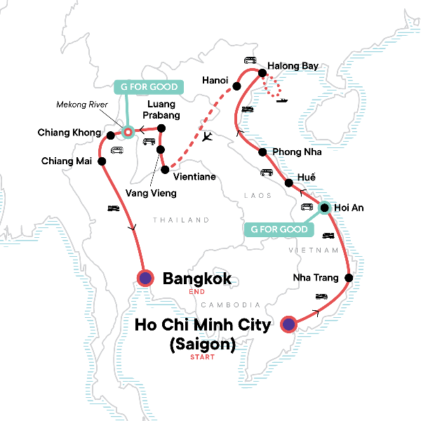 Map: Vietnam, Laos & Thailand: Riversides & Railways (G Adventures)
