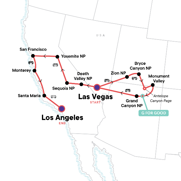 Map: Vegas & California - National Parks & Highway 1 Adventure (G Adventures)