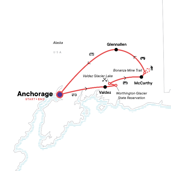 Map: Hike Alaska: Valdez and Wrangell St Elias (G Adventures)