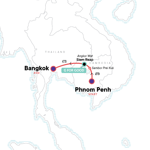 Map: Cambodia to Bangkok: Phnom Penh, Siem Reap & Khao San Road Hangouts (G Adventures)