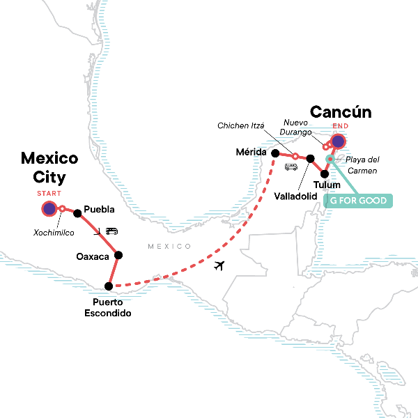 Map: The Most Mexico: Central Mexico, Yucatan & Cancún (G Adventures)