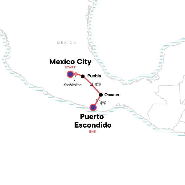 Map: Central Mexico: Puerto Escondido, Mexico City & Epic Mountain Views (G Adventures)