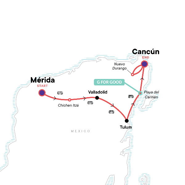Map: Yucatan & Cancún: Merida, Mayan Ruins, & Beachside Livin' (G Adventures)