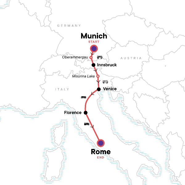Map: Western and Central Europe: Venice, the Alps & the Flavours of Rome (G Adventures)