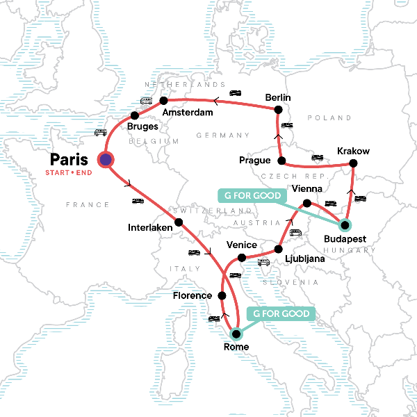 Map: European Trail: Capitals & Cafés (G Adventures)