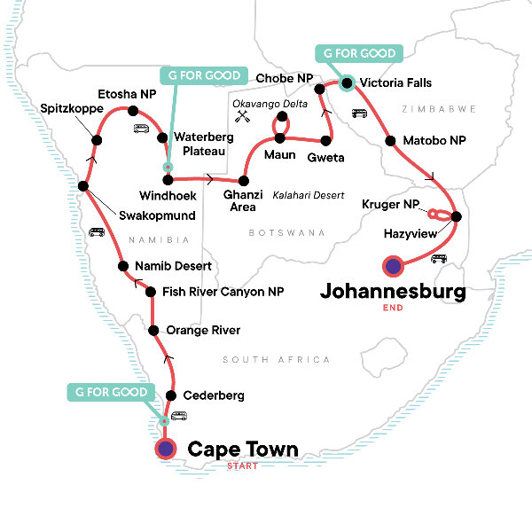 Map: Southern Africa Overland: Cape Town, Falls & Kruger (G Adventures)