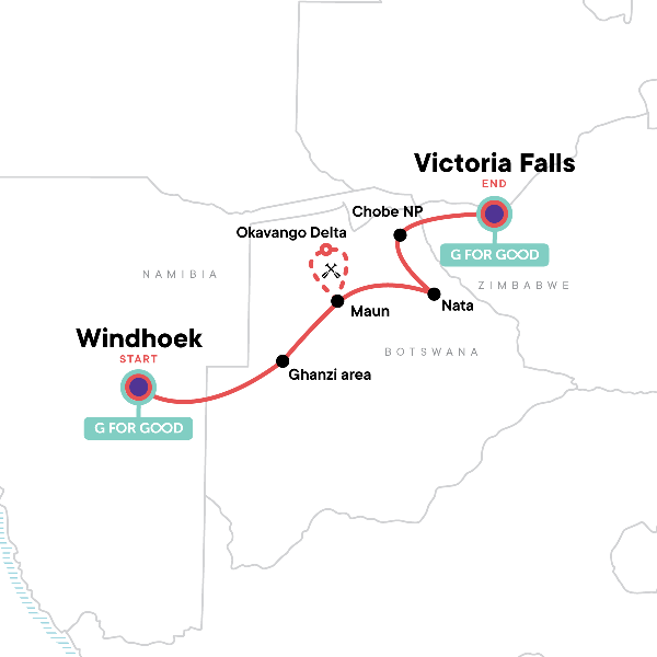 Map: Botswana & Victoria Falls Adventure (G Adventures)