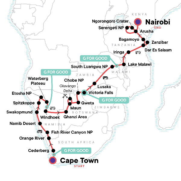 Map: Cape Town to the Serengeti: Deserts & Wilderness (G Adventures)