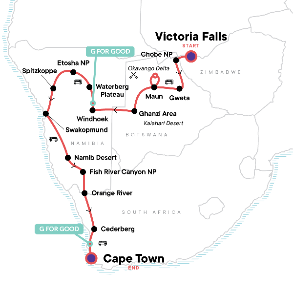 Map: Southern Africa Southbound: Dunes, Deltas & Falls (G Adventures)
