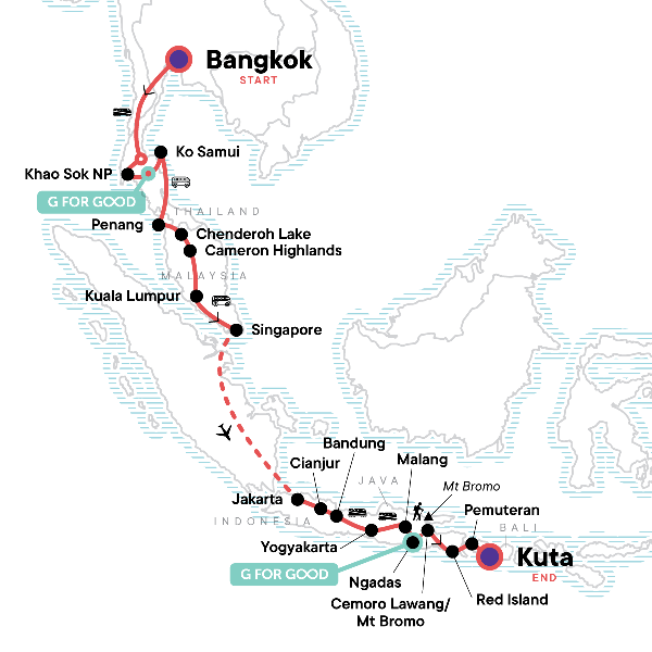 Map: Bangkok to Kuta: Summits & Sunsets (G Adventures)