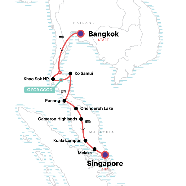 Map: Bangkok to Singapore: Jungle Hikes & Island Nights (G Adventures)