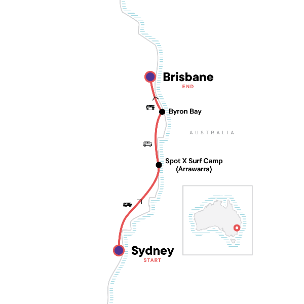 Map: Sydney to Brisbane Experience: Bushwalks & Surfing (G Adventures)