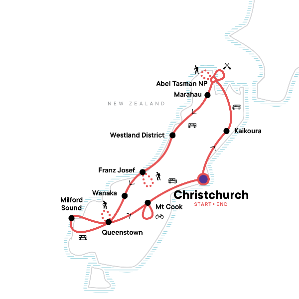 Map: New Zealand – South Island Multisport (G Adventures)