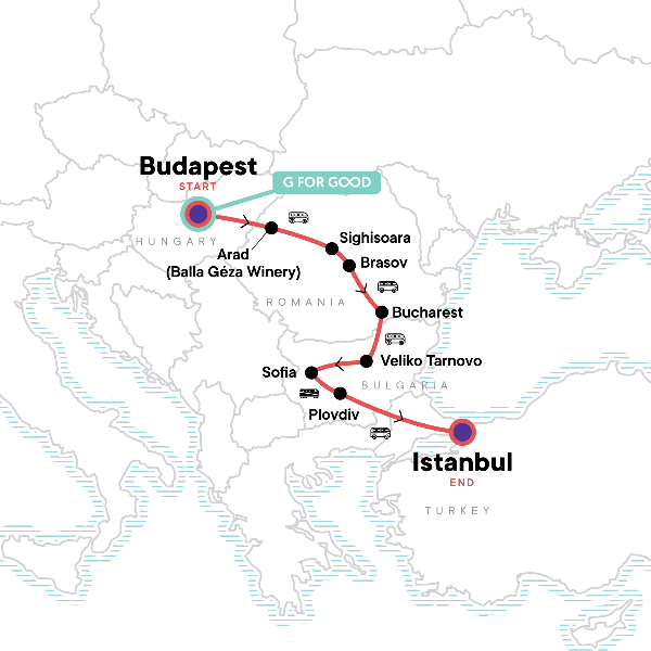 Map: Budapest to Istanbul (G Adventures)