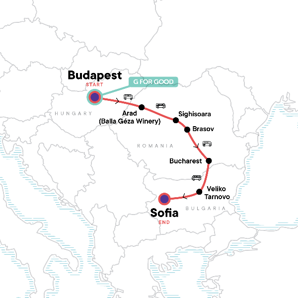 Map: Budapest to Sofia Adventure (G Adventures)