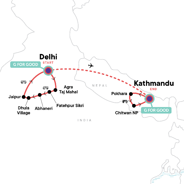 Map: India & Nepal Adventure (G Adventures)