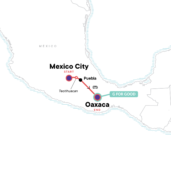 Map: Mexico City to Oaxaca: Pottery & Aztec Pyramids (G Adventures)