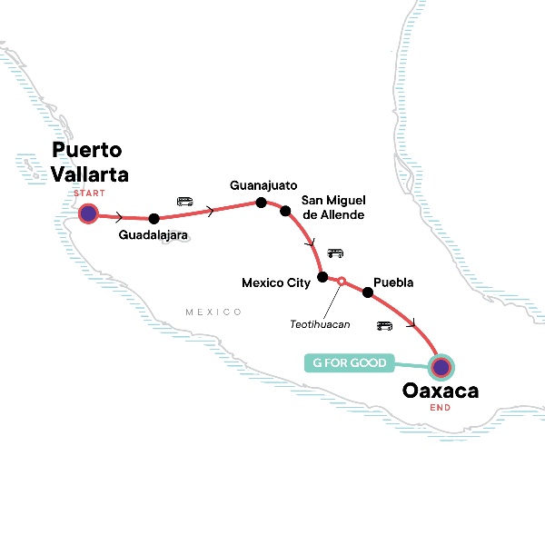Map: The Many Sides of Mexico: Puerto Vallarta to Oaxaca (G Adventures)