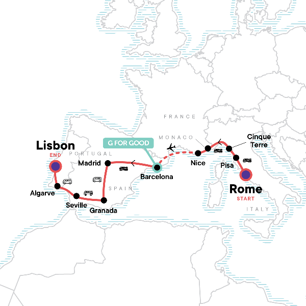 Map: Rome to Lisbon: Coasts & Countryside (G Adventures)