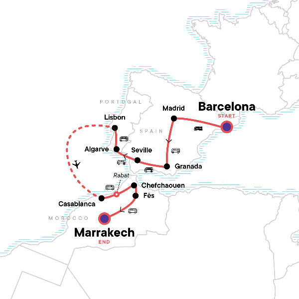 Map: Spain, Portugal & Morocco: Tapas, Medinas & Sunsets (G Adventures)