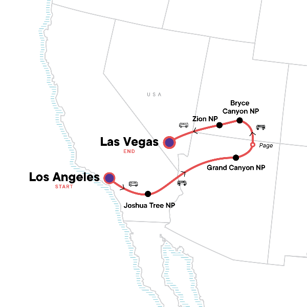 Map: USA Road Trip — Joshua Tree & the Southwest Parks (G Adventures)