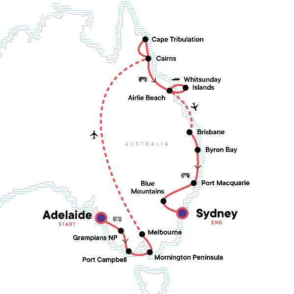 Map: South Australia & the East Coast (G Adventures)
