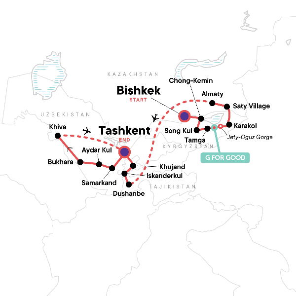 Map: Multi-Stan Adventure - Bishkek to Tashkent (G Adventures)