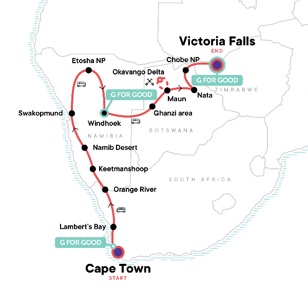 Map: Cape Town to Victoria Falls Adventure (G Adventures)