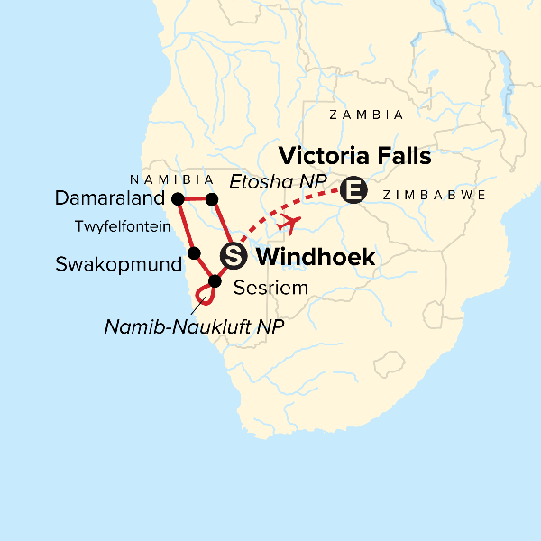 Map: Discover Namibia & Victoria Falls (G Adventures)
