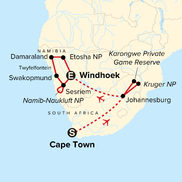 Map: Cape Town, Kruger & Namibia (G Adventures)