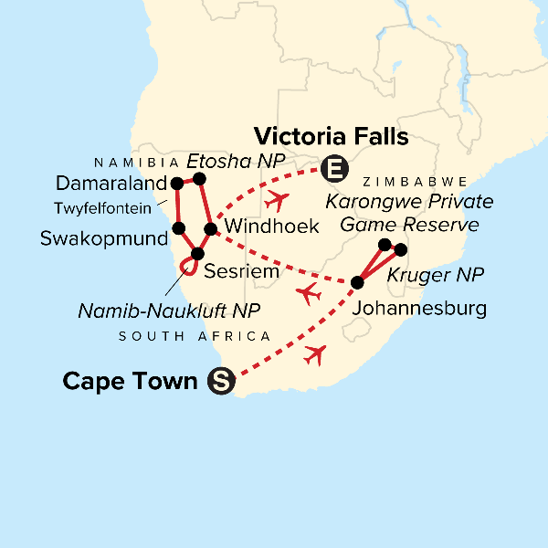 Map: Journeys: Southern Africa Highlights (G Adventures)