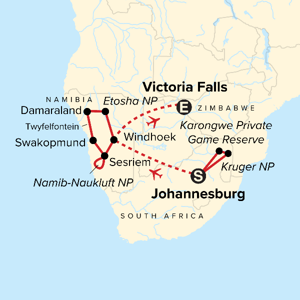Map: Kruger, Victoria Falls & Namibia (G Adventures)