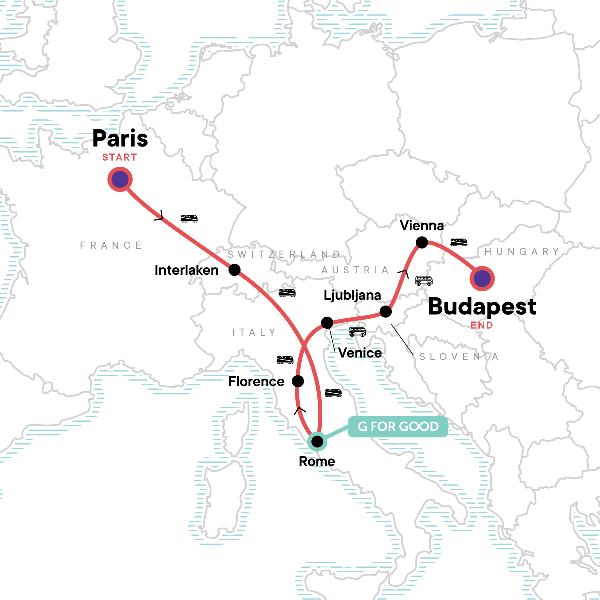 Map: Paris to Budapest: Famous Sites & Tasty Bites (G Adventures)