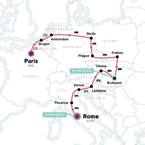 Map: Rome to Paris: Cobblestones & Cuisine (G Adventures)