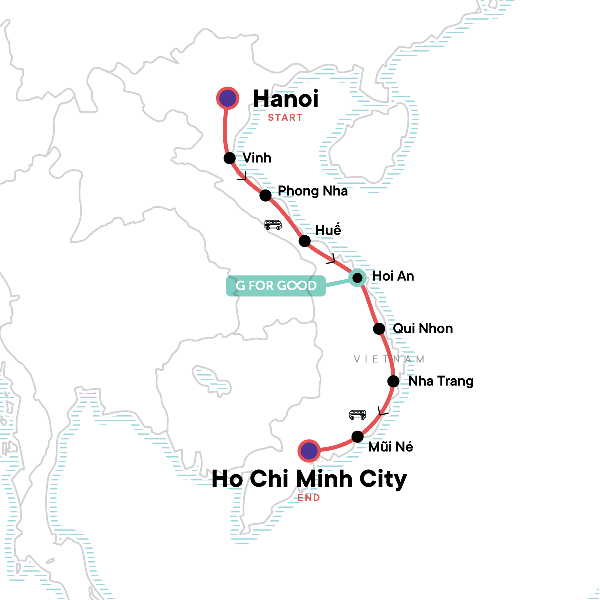 Map: Vietnam: Roadtrip Hanoi to Ho Chi Minh City (G Adventures)