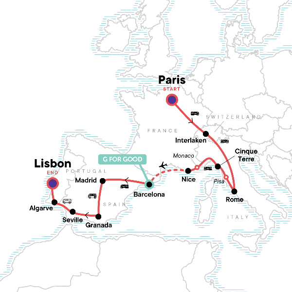 Map: Paris to the Mediterranean: Coasts & Cafés (G Adventures)