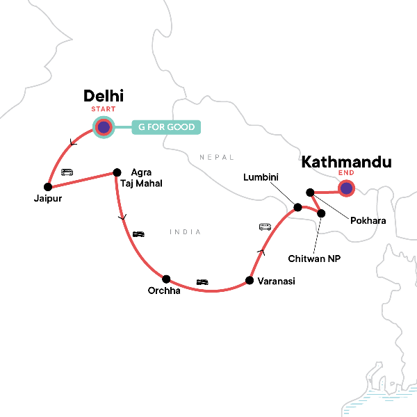 Map: Delhi to Kathmandu Adventure (G Adventures)