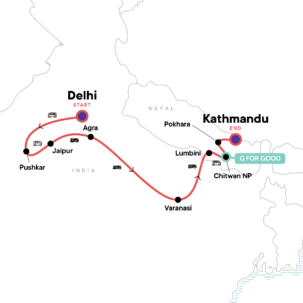Map: Delhi to Kathmandu: River Walks & Epic Wildlife (G Adventures)