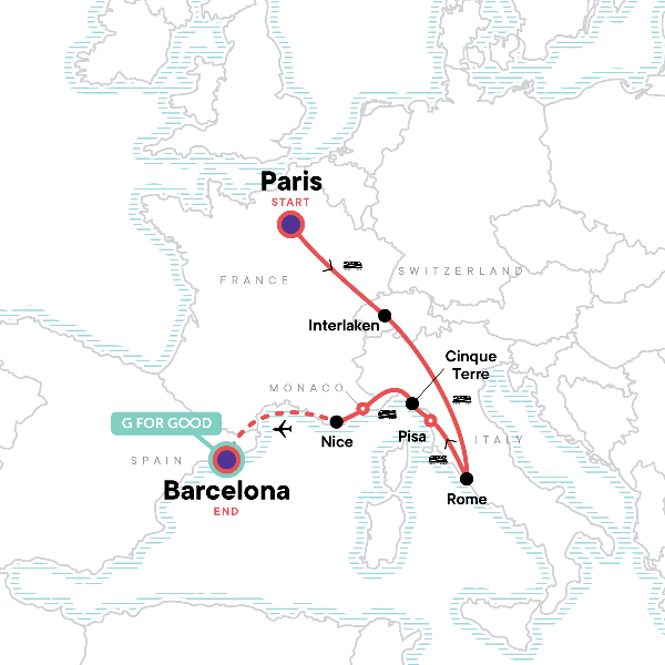 Map: Paris to Barcelona: Tapas & Train Rides (G Adventures)
