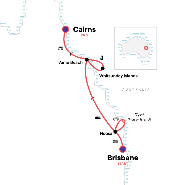 Map: Brisbane to Cairns Experience: Sand Dunes & the Whitsundays (G Adventures)