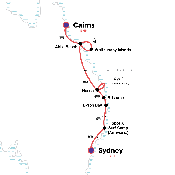 Map: Most of the Coast: Sydney to Cairns (G Adventures)