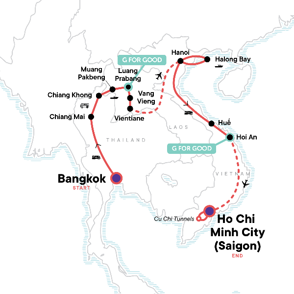Map: Thailand, Laos & Vietnam Adventure (G Adventures)