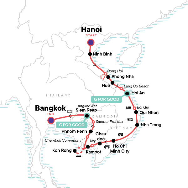 Map: 27 Days in Southeast Asia: Cambodia, Vietnam & Big Nights in Bangkok (G Adventures)